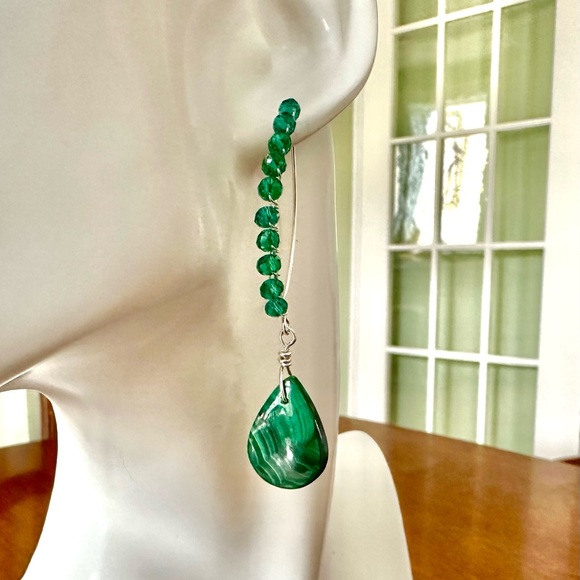 Malachite Earrings, Emerald Crystal, Sterling Silver, Handmade by Prairie Ice - Picture 3 of 10